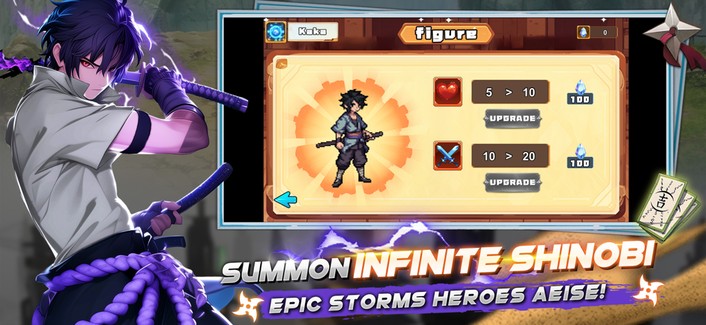 ULTIMATE NINJYA: Fire Storm - Personaje de anime junto a una interfaz de mejora y invocación de héroes en Ultimate Ninjya