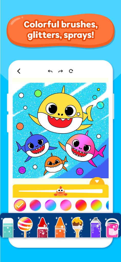 Baby Shark Coloring Book - Baby Shark coloring app interface showing various digital art tools like glitter, crayons, and spray paint