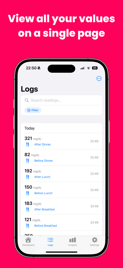 Blood Sugar Tracker: Bsugra - Interfaz de aplicación móvil que muestra un historial diario de lecturas de glucosa en sangre categorizadas por horarios de comida.