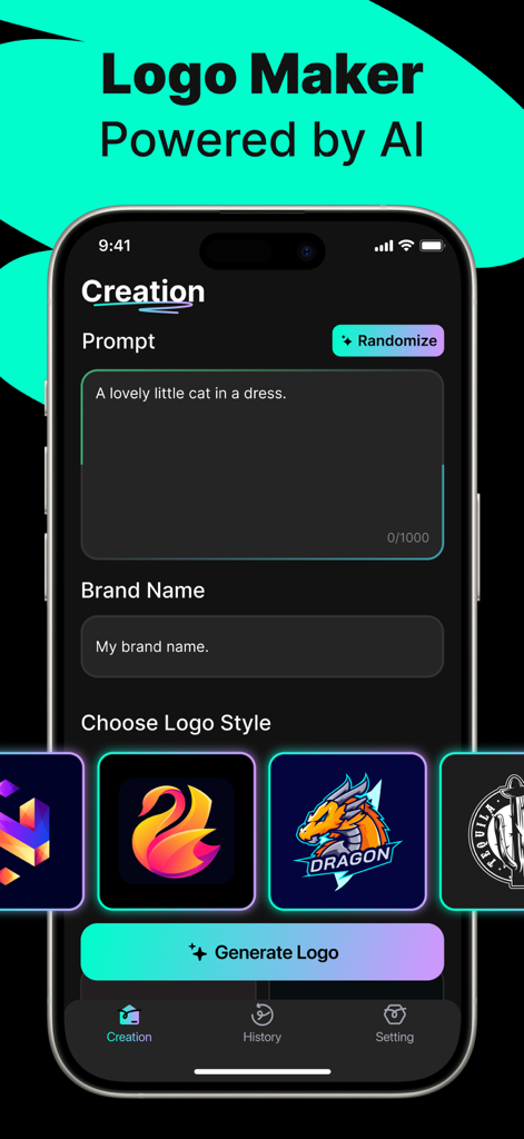 Logo Maker - AI Art Design - Interfaz de la aplicación creadora de logos con IA para crear logos personalizados con indicaciones de texto y nombres de marca en un teléfono móvil