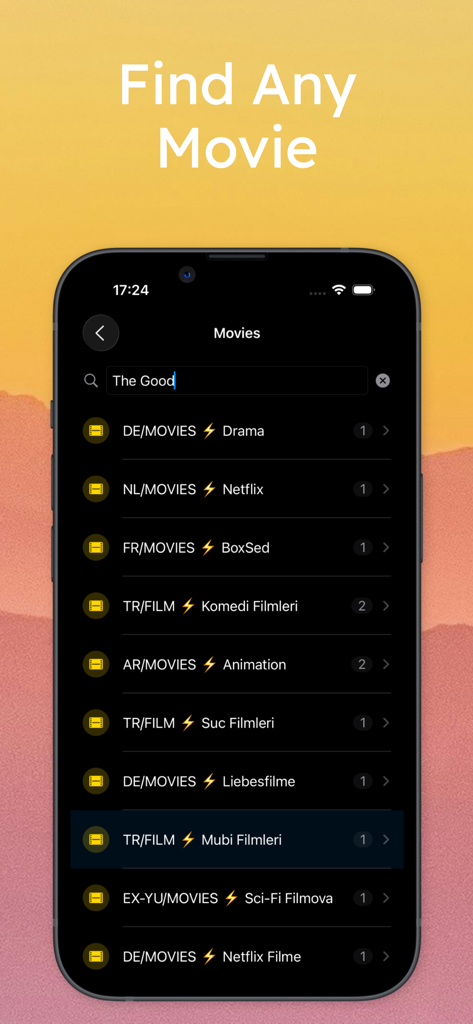 Maximus: IPTV Player M3U Cast - A screenshot of the Maximus IPTV Player search interface showing international movie categories and a search bar for finding films