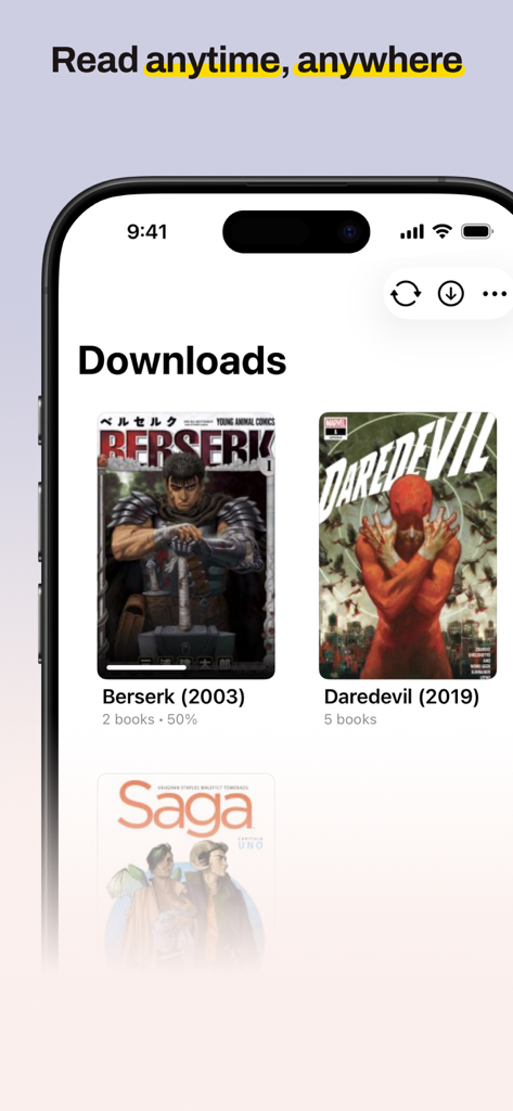 Komic - Comic/Manga Reader - iPhone-Bildschirm zeigt den Download-Bereich der Komic-App mit Comic-Covern für Berserk, Daredevil und Saga.