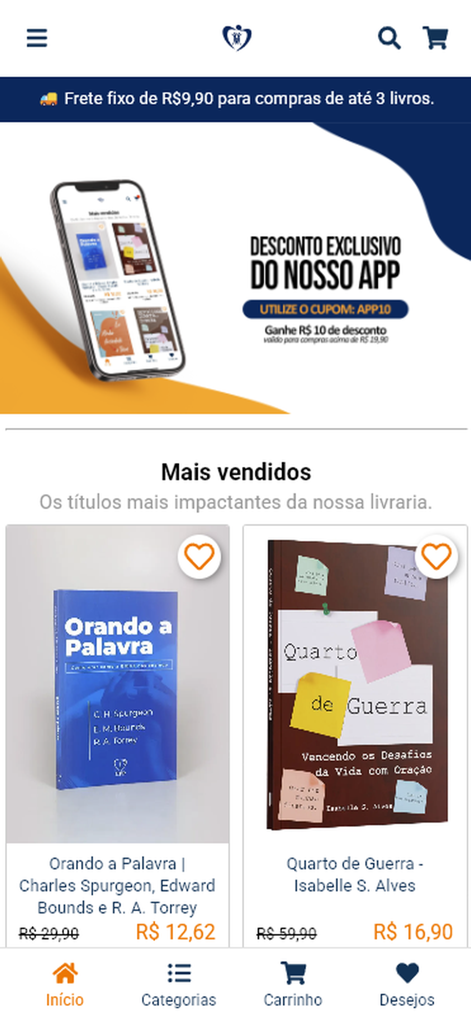 Tela inicial do aplicativo Livrarias Familia Crista com os livros cristãos mais vendidos e um banner promocional de desconto.