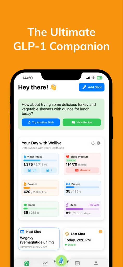 Wellive - GLP-1 Care AI - Wellive app dashboard for GLP-1 medication tracking showing dose timing and health vitals