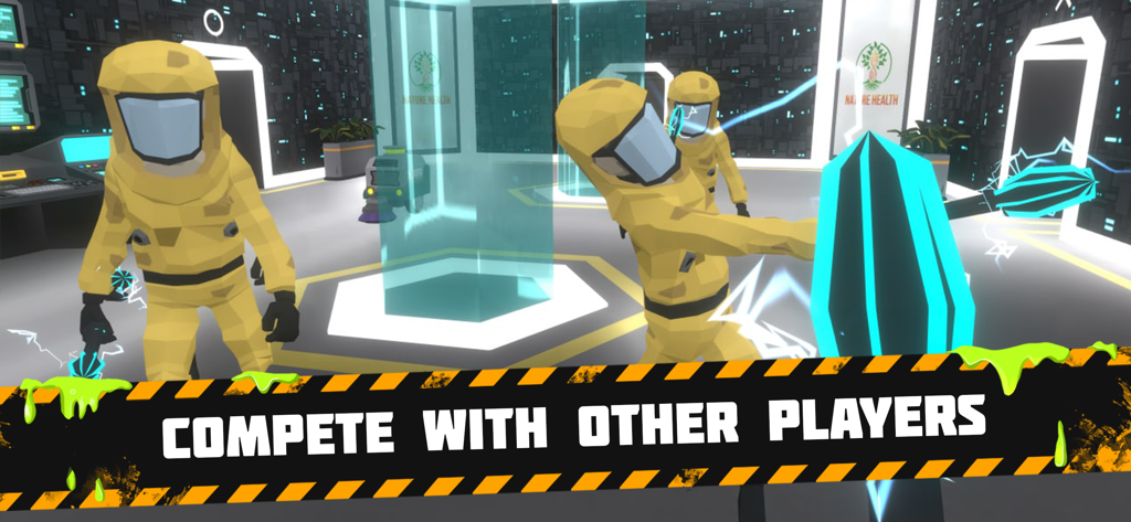 Bunker: Zombie Survival Games - Characters in yellow hazmat suits in a futuristic laboratory with text saying compete with other players