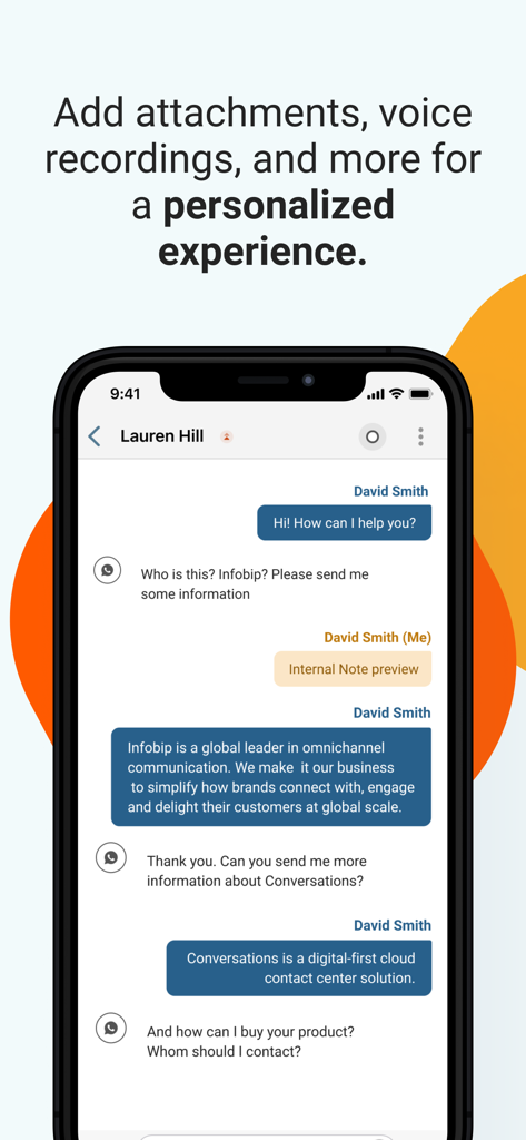 Interface de chat móvel do Infobip Conversations mostrando uma interação personalizada com o cliente com notas internas e mensagens multimídia