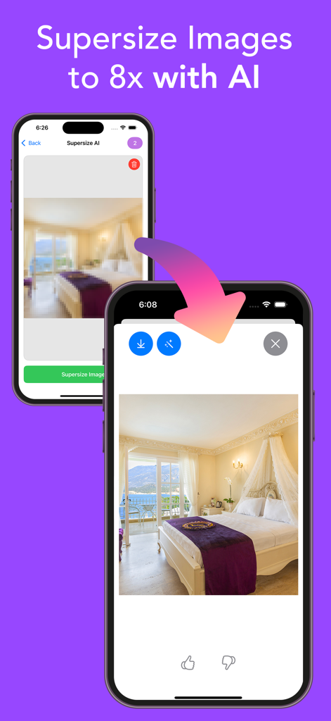 Luw AI - AI Home Design - Luw AI app interface showing how to supersize interior design images to 8x resolution