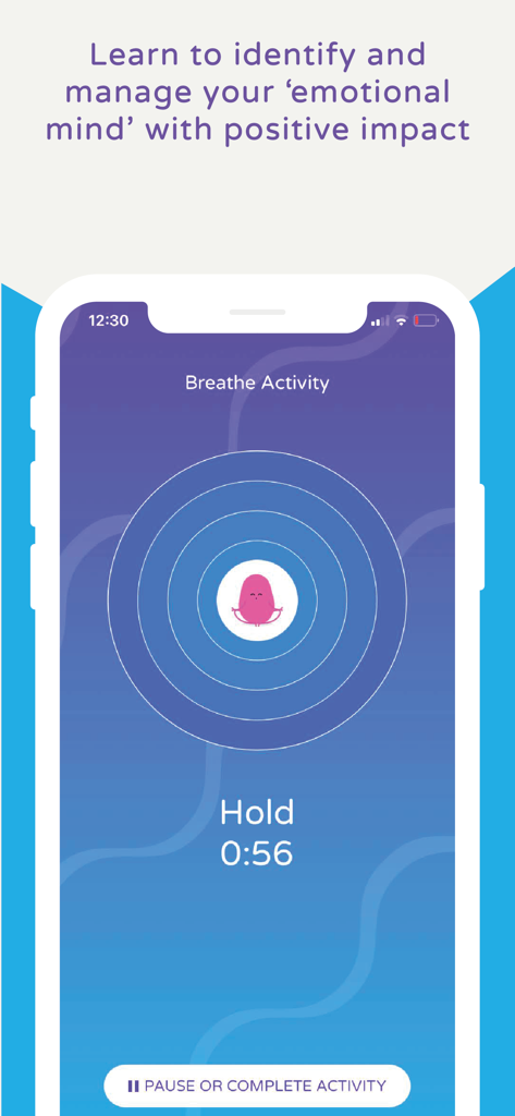 Calm Harm app interface showing a guided breathing activity with a timer and character.