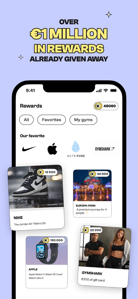 The rewards catalog of the EXO app showing various fitness and lifestyle prizes like Nike and Apple products earned through gym workouts