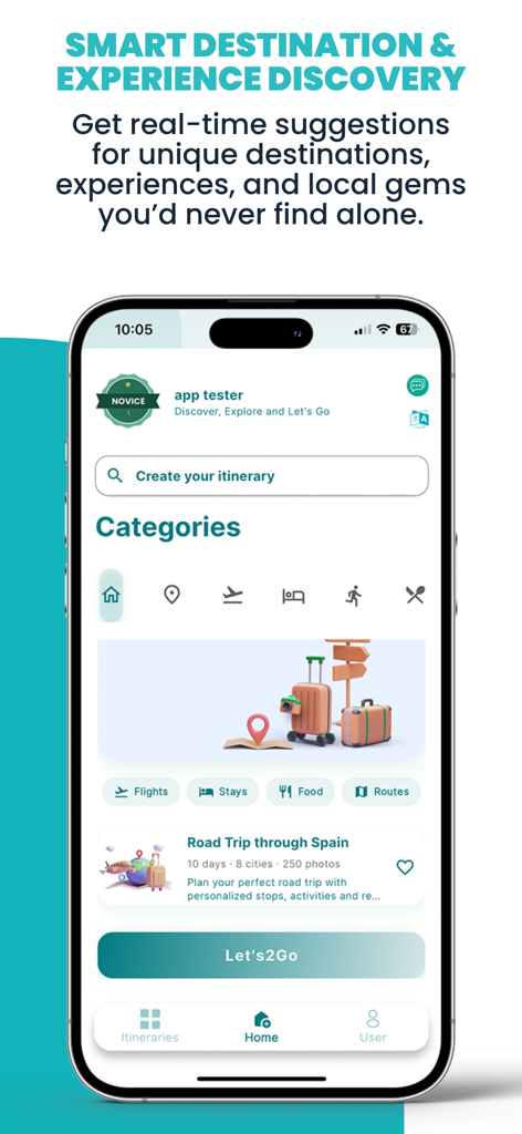 Lets2Go app home screen showing smart destination discovery and travel planning categories
