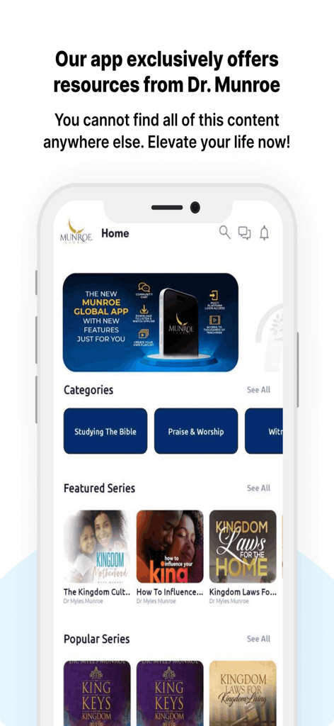 Munroe Global Media - Home screen of the Munroe Global Media app displaying exclusive teachings and leadership resources from Dr Myles Munroe