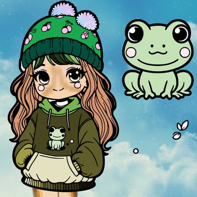 girl with froggy sweatshirt and beanie