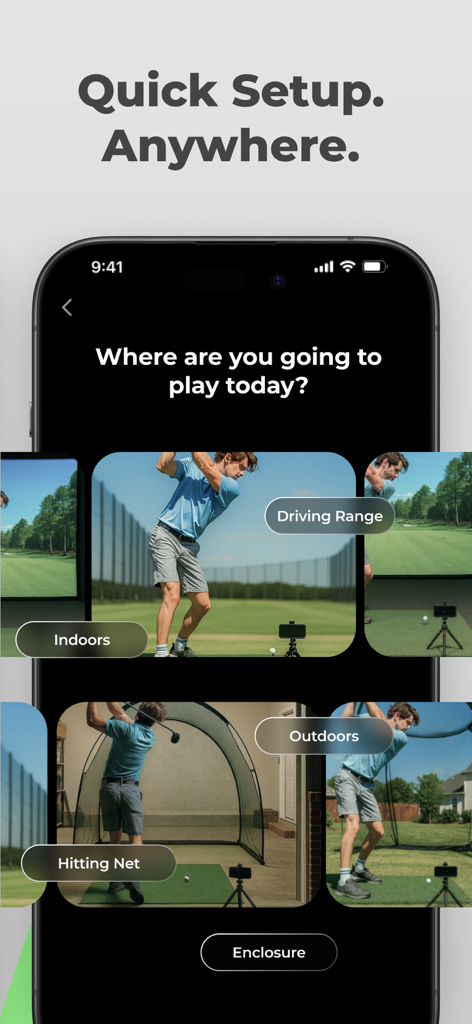 GolfTrak: Phone Launch Monitor - GolfTrak app interface showing setup options for driving range hitting net and indoor golf practice