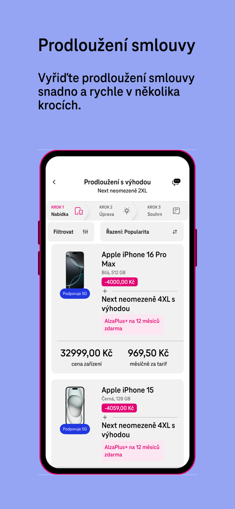 Pantalla de la app Můj T-Mobile mostrando opciones de renovación de contrato y ofertas de iPhone 16 Pro Max con descuento
