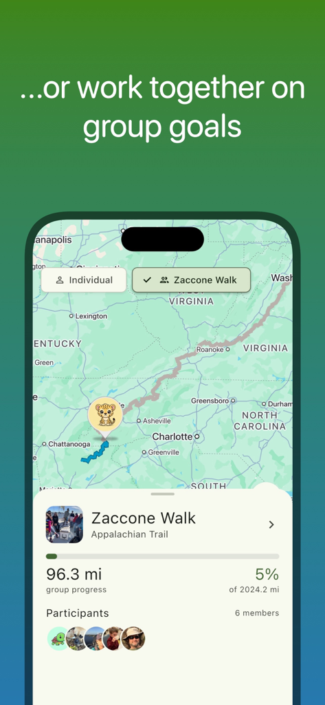 Walk The Distance - Walk The Distance app screen showing group progress and participants on a virtual hike of the Appalachian Trail