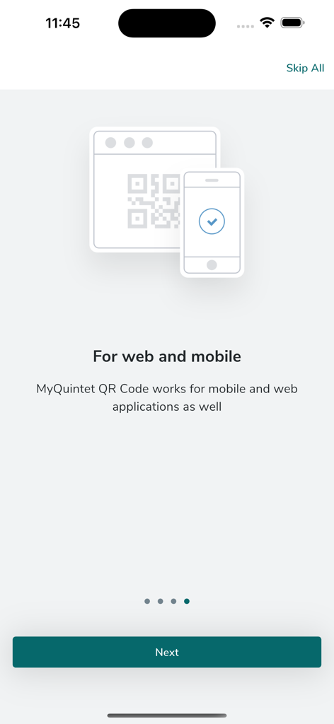 myQuintet QR Code - Onboarding screen of the myQuintet QR Code app explaining its compatibility with both web and mobile banking platforms.