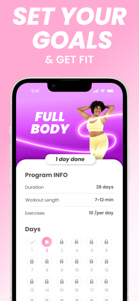 Captura de pantalla de iPhone de un programa de fitness de cuerpo completo de 28 días para mujeres en la aplicación Be Fit