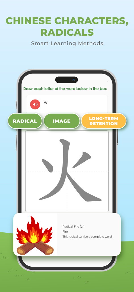 HeyChina App-Oberfläche, die intelligente Lernmethoden für chinesische Schriftzeichen und Radikale mit visuellen Eselsbrücken zeigt.