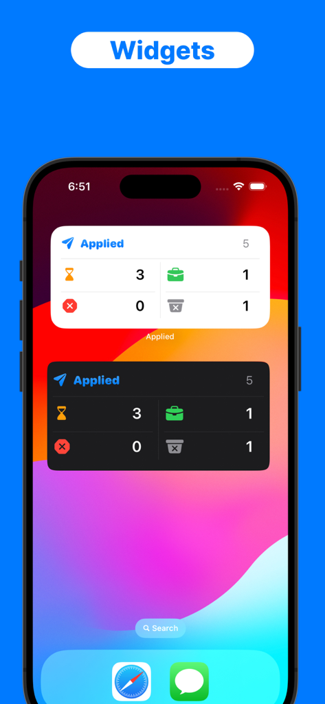 Job search organizer Applied - Pantalla de inicio del iPhone que muestra widgets en modo claro y oscuro para la aplicación organizadora de búsqueda de empleo Aplicado con estadísticas de solicitudes.