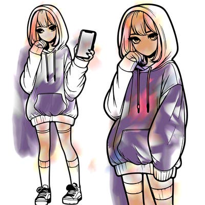 realistic girl who looks tired and is wearing an oversized hoodie and knee high socks and is holding a phone