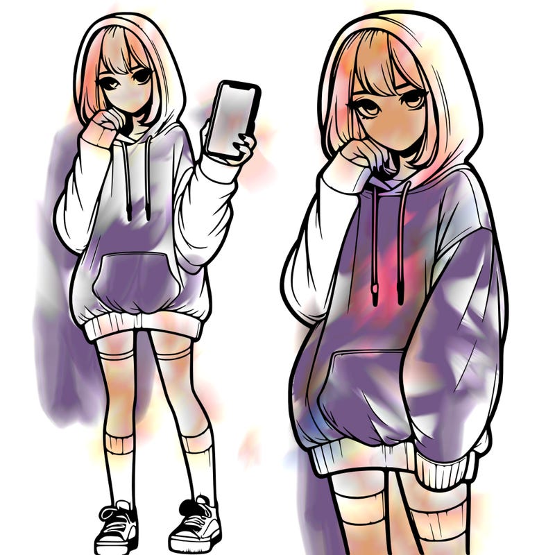 realistic girl who looks tired and is wearing an oversized hoodie and knee high socks and is holding a phone