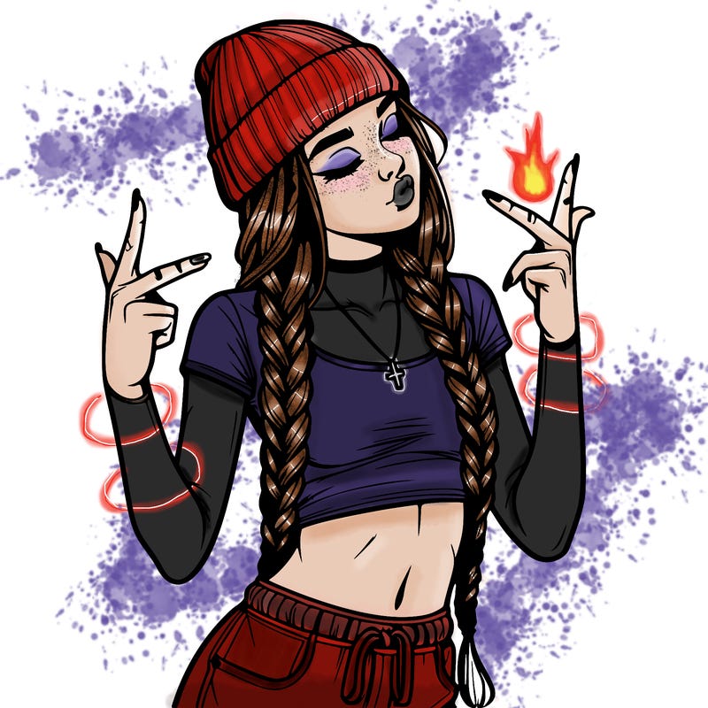 realistic teenage girl with braids and a beanie and crop top doing 🫶🏼