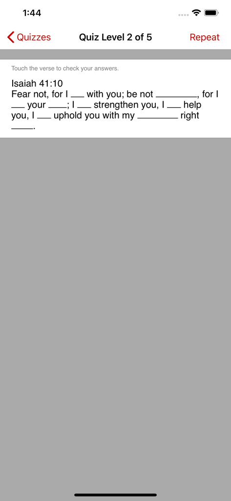 Fighter Verses: memorize Bible - Bible verse memory quiz interface for Isaiah 41 10 in the Fighter Verses app