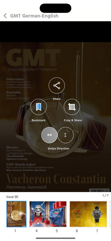 GMT German-English - Screenshot of the GMT German-English app showing an interactive magazine reader with luxury watch content and navigation tools