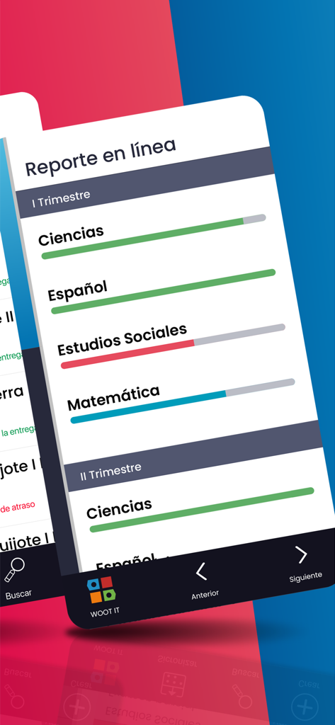WOOT IT app online report screen showing student grades and progress bars for various subjects