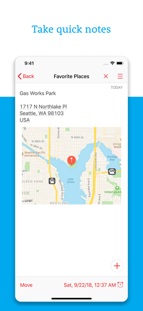 Daily Organizer+ Day Planner - Uno screenshot dell'app Daily Organizer che mostra una nota di posizione salvata con un indirizzo e una mappa.