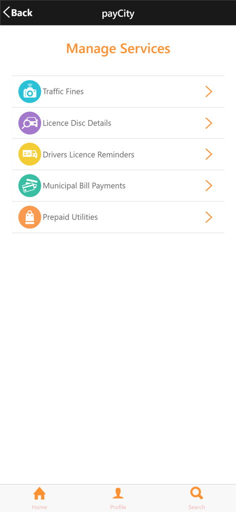 payCity - payCity App-Menü mit Optionen für Verkehrsdelikte, Erinnerungen an Zulassungen und Zahlungen kommunaler Rechnungen