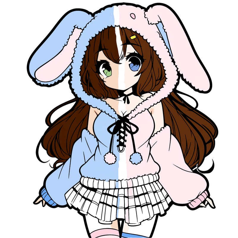 pretty anime girl wearing a fluffy hoodie with bunny ears on the hood and a skirt
