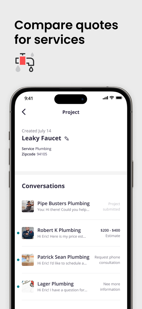 Uma captura de tela do aplicativo móvel Yelp mostrando a interface de gerenciamento de projetos para comparar orçamentos de diferentes serviços de encanamento para uma torneira com vazamento.