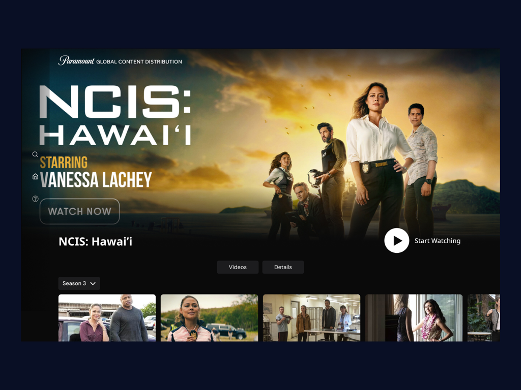 Paramount Global Distribution - Paramount Global Distribution app interface on tvOS featuring the TV series NCIS Hawai'i for professional content buyers