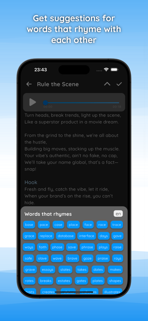 My Lyrics X app interface showing songwriting lyrics with a list of suggested rhyming words at the bottom