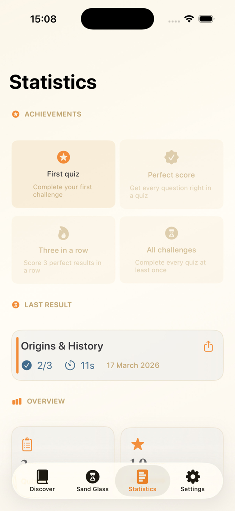 Hourglass Story - Statistics and achievements screen in the Hourglass Story educational app showing quiz results and user progress.