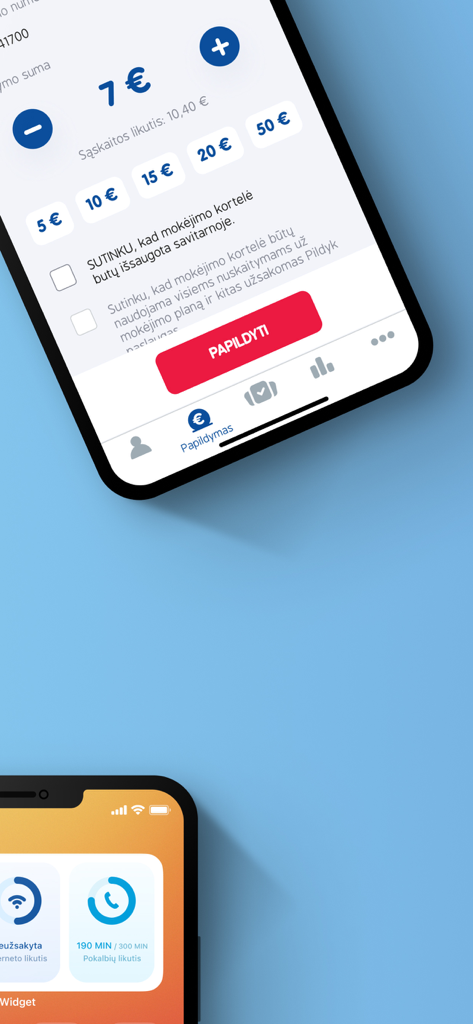 Pildyk - Mobile interface of the Pildyk app showing options for topping up a prepaid account and a remaining minutes widget