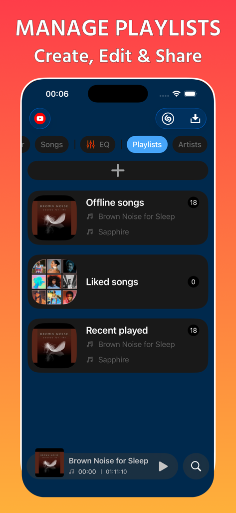 Offline Player: Music & MP3 - Offline Player app interface showing the manage playlists screen with options to create and edit music lists.