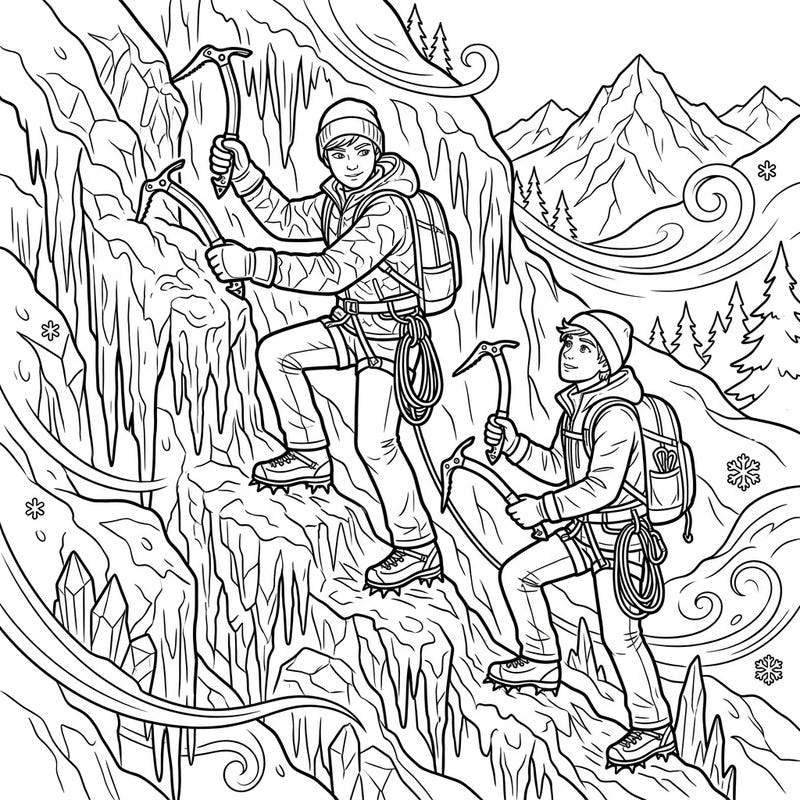Gear up for an exhilarating coloring journey with our dynamic teen ice climbers template. Perfect for young adventurers, this page captures the thrill of scaling icy heights with intricate details and a cool, winter theme.