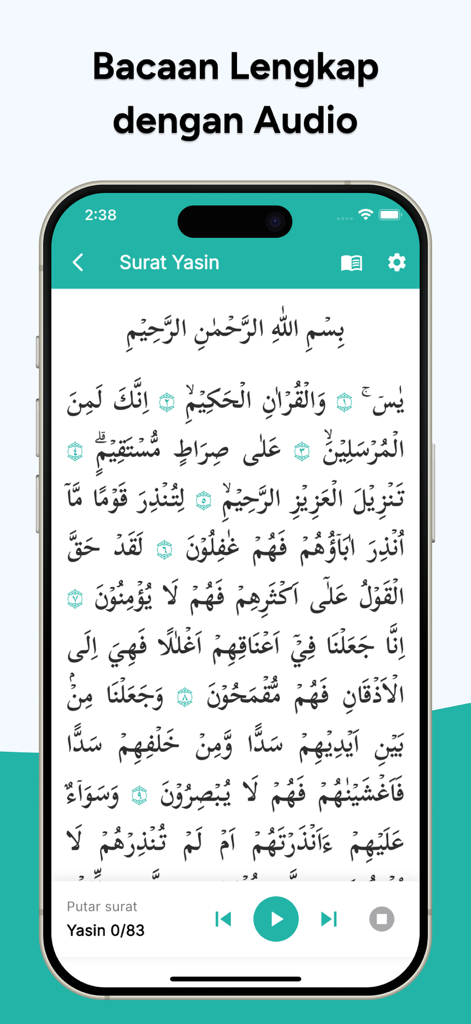 Yasin Tahlil Lengkap - A mobile phone screen showing Surah Yasin in Arabic script with an integrated audio player at the bottom.