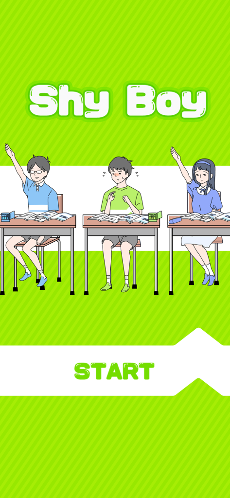 Shy Boy - Escape Game - シャイボーイ脱出ゲームのスタート画面。教室にいる神経質な生徒が描かれている。
