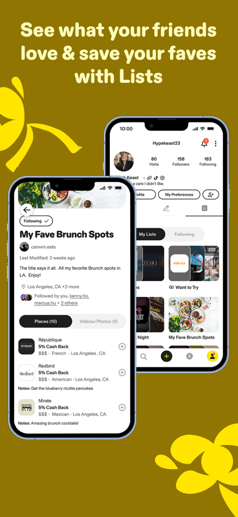 Franki | Eat. Drink. Earn. - The Franki app interface displaying user created restaurant lists and favorite brunch spots.