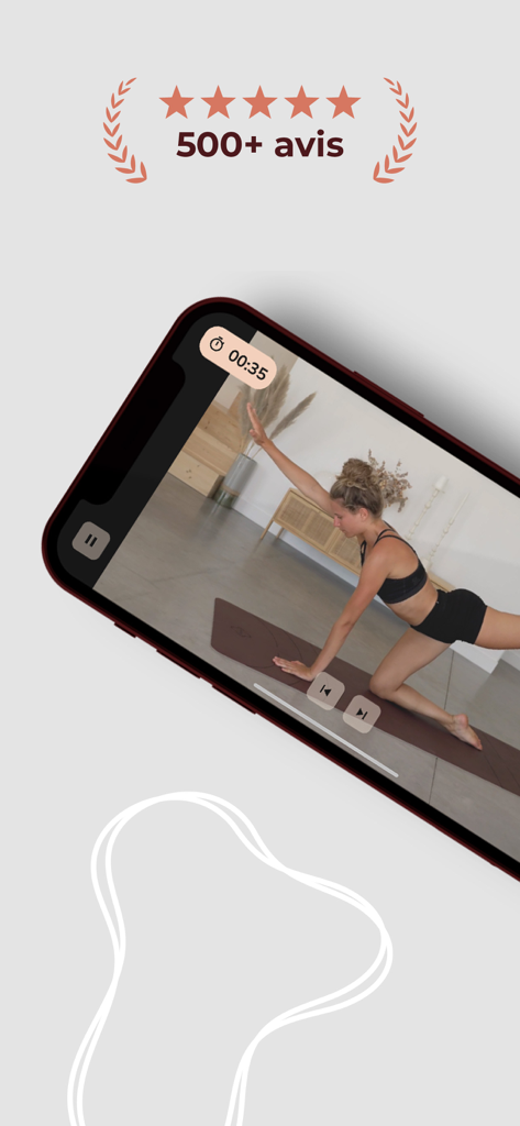 Andrew® - mobilité santé - Pantalla de smartphone que muestra a una mujer realizando un ejercicio de movilidad en la aplicación de salud Andrew con altas calificaciones de usuario