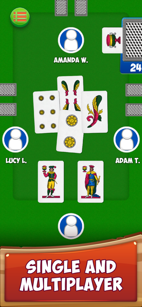 A four-player match in Briscola Online featuring traditional Italian regional cards on a green table.