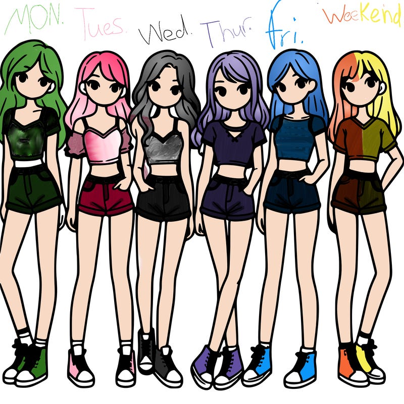 a group of girls wearing crop tops and shorts