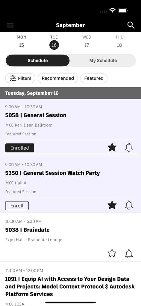 Autodesk | Events - A mobile app interface displaying a conference schedule for Autodesk Events with sessions, times, and enrollment status.