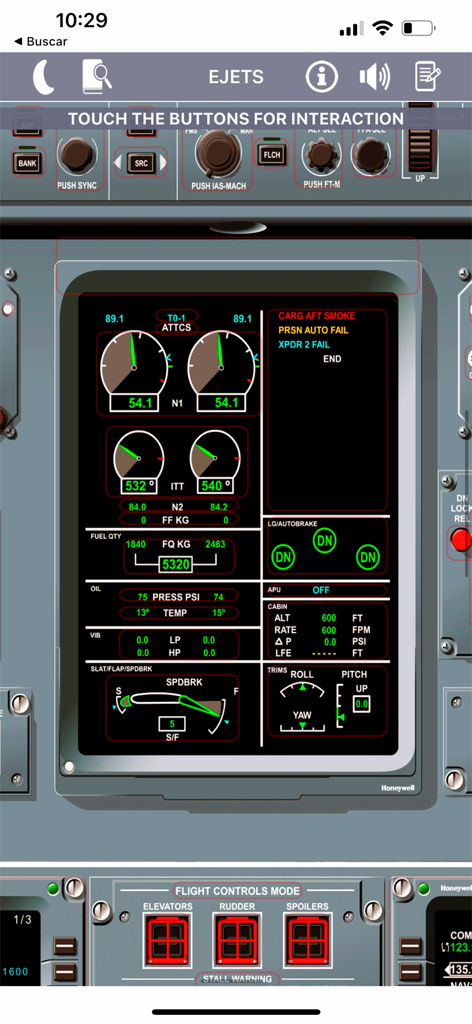 Interactive E-JET virtual cockpit panel featuring EICAS display and flight system indicators.
