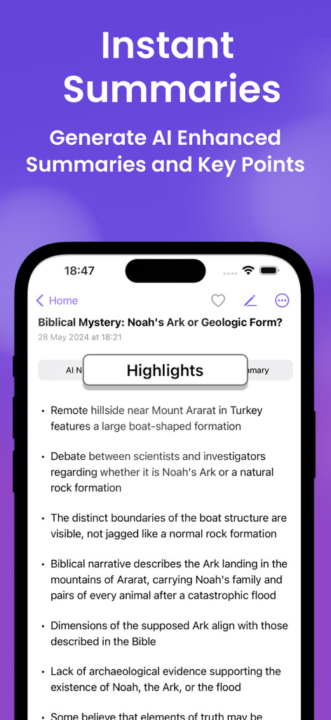 Oberfläche der Transcribe AI App, die KI-generierte Highlights und Zusammenfassungen einer Sprachaufnahme zeigt.