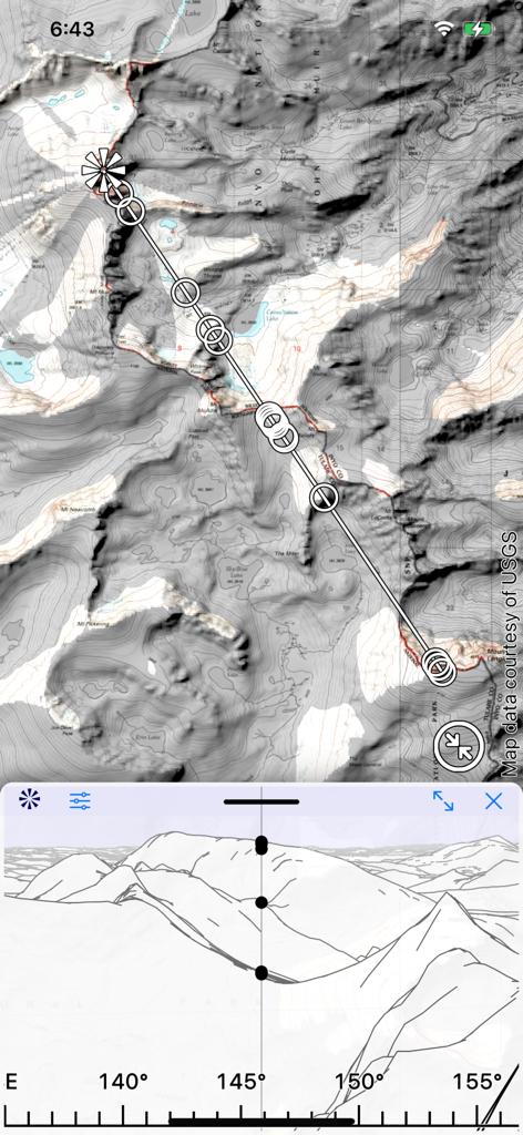 Topo Maps 2 - Split screen view showing a topographic map and a panorama silhouette of the mountain range