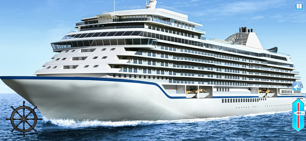 A large luxury cruise ship sailing on the sea with game controls in a ship driver simulator.